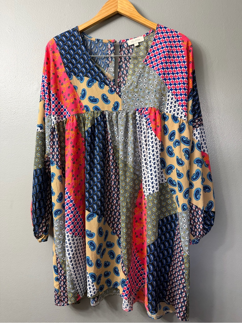 Velzera Boho Patchwork Print Peasant Tunic Dress size Large